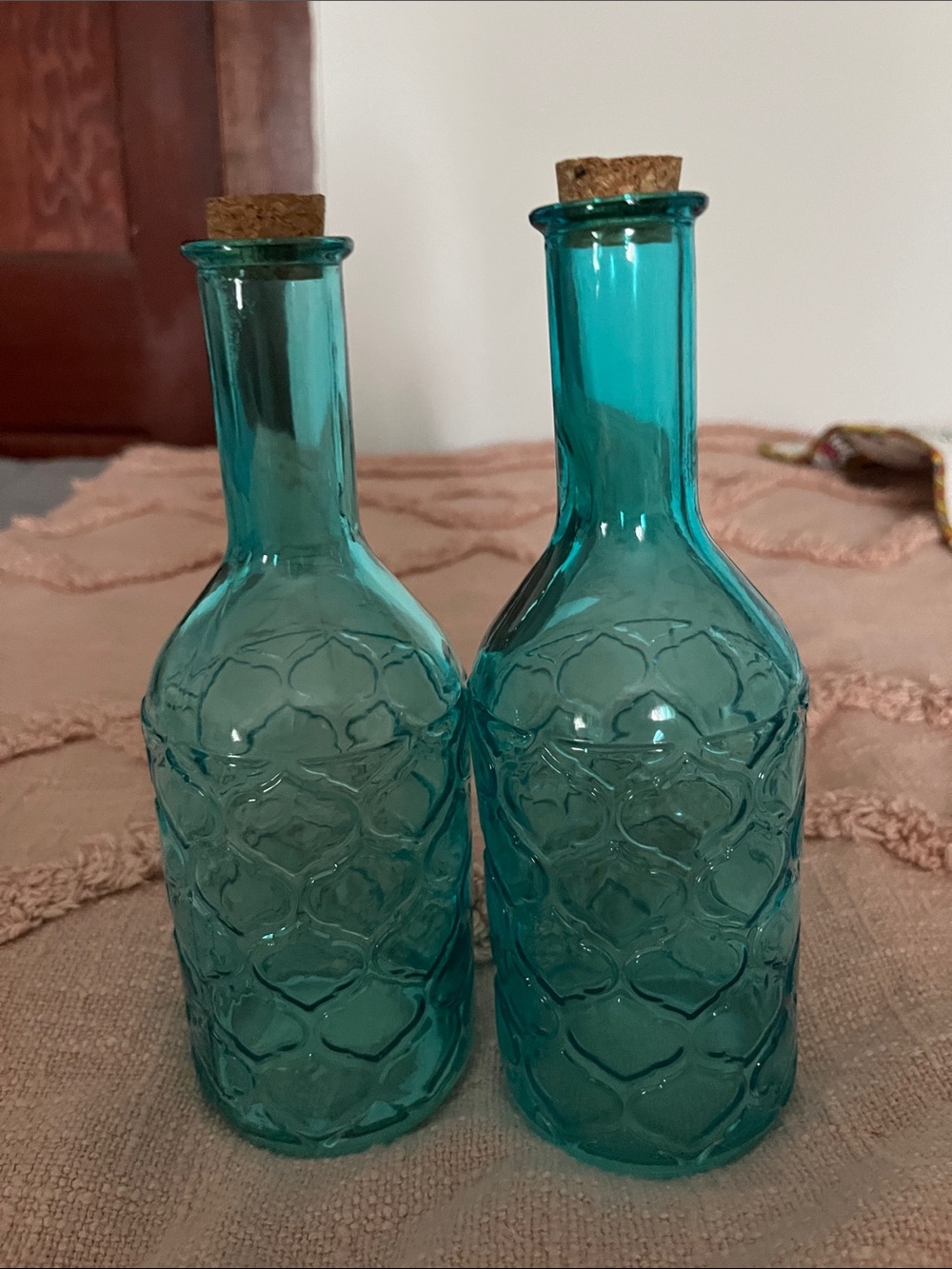 Teal Embossed Glass Bottle Set with Cork Stoppers